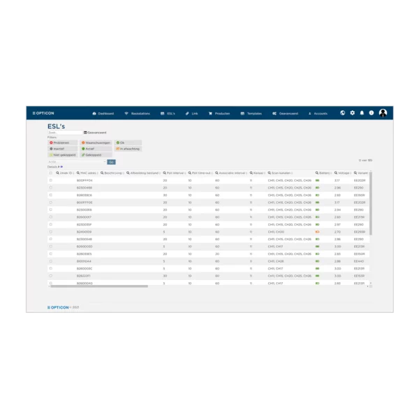 List of electronic shelf labels in the web interface